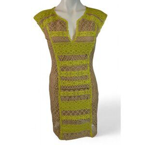 BCBGMAXAZRIA Lace Bodycon Dress Neon Green & Tan Sheer Crochet Panel Size 4